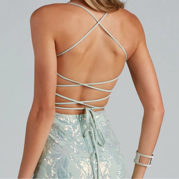 NWT Mint Green Sequin Lace Up Prom Dress - Picture 5 of 12
